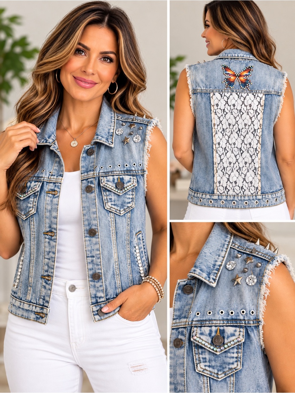 Sleeveless Light Embellished and Studs Denim Vest Lace Back & Butterfly Denim